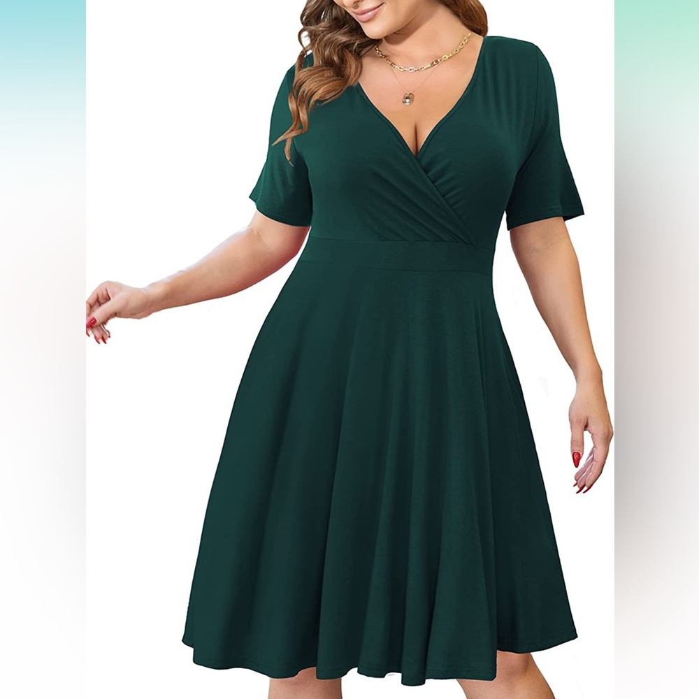 Short Sleeve Faux Wrap Causal Swing Dress with Pockets
